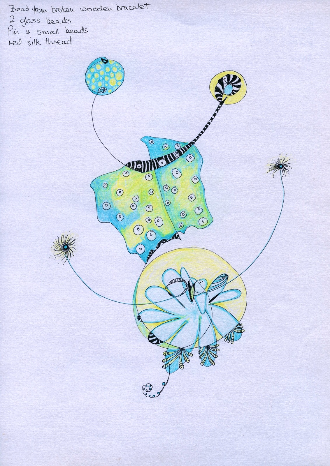 Bead from broken wooden bracelet, 2 glass beads. Pin and small beads, red silk thread